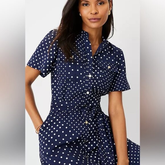 NWT Ann Taylor Navy Dotted Patchwork Pocket Short Sleeve Shirtdress - Women's 14 - Picture 6 of 14